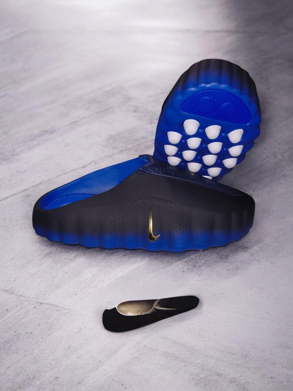 Nike Mind Black and Blue Slide Mule with Gold Swoosh
